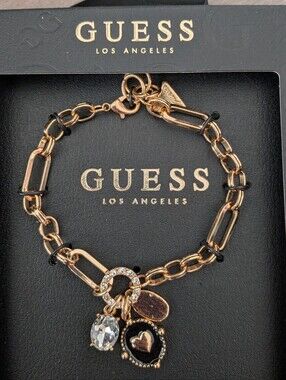NWT Guess Gold and Black Charm Chain Bracelet with Crystal Accents